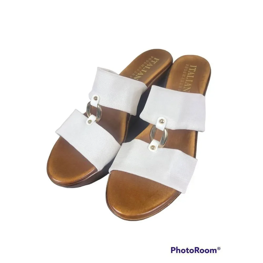 Italian Shoemakers White Double-strap Wedge Sandals with Silver Accents
